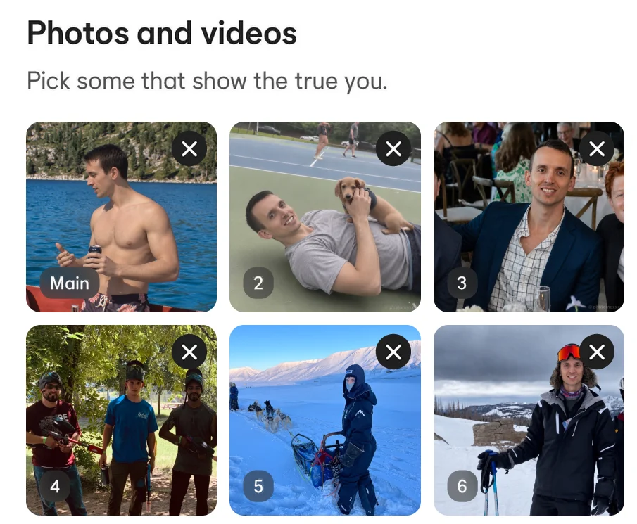 The six photos in Bumble's profile editor