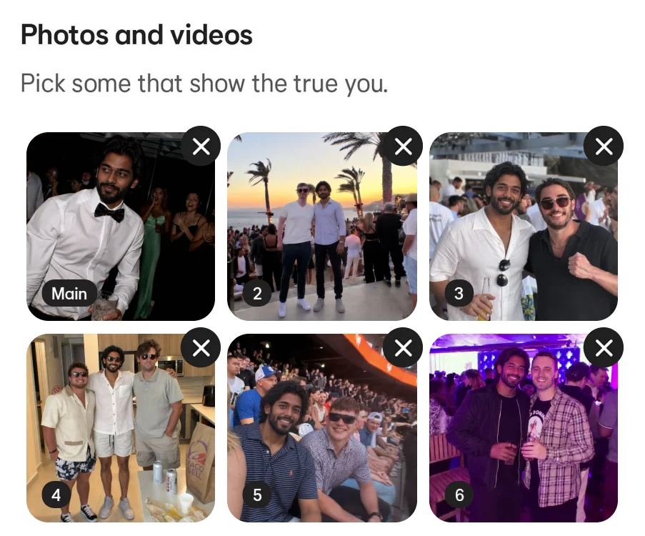 The six photos in Bumble's profile editor