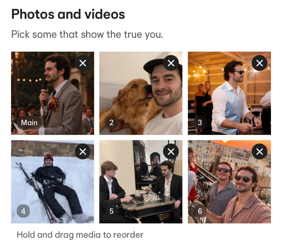 The six photos in Bumble's profile editor