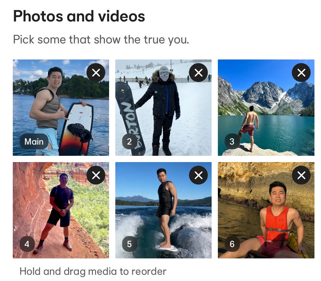 The six photos in Bumble's profile editor