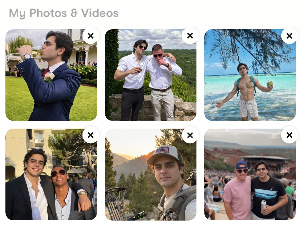 Zain's six photos in Hinge's Edit Profile screen