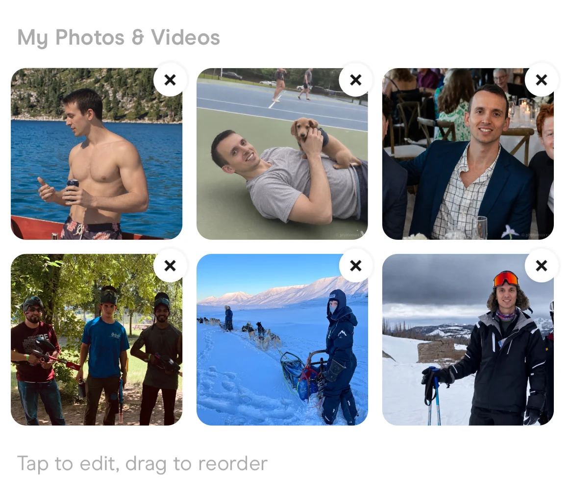 The six photos in Hinge's Edit Profile screen