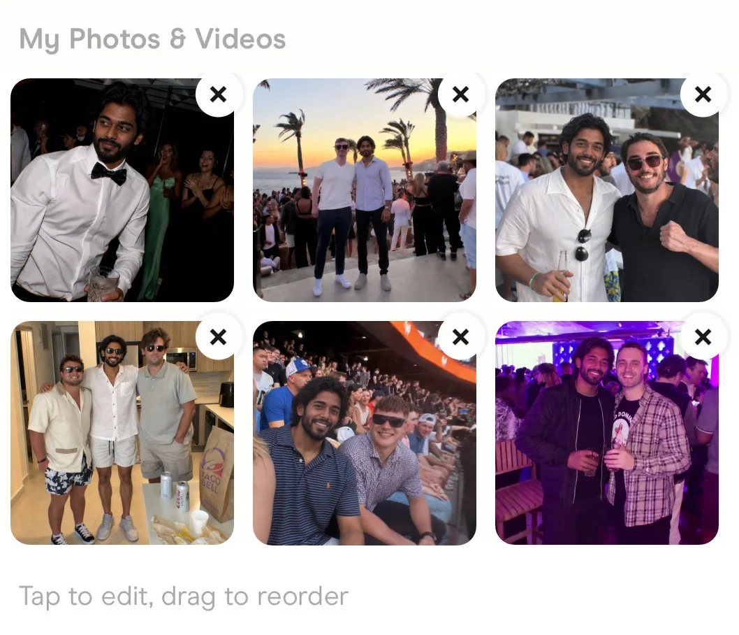 The six photos in Hinge's Edit Profile screen