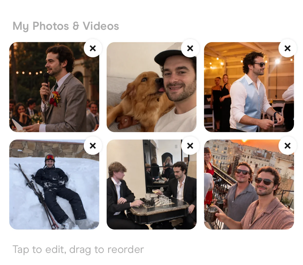 The six photos in Hinge's Edit Profile screen