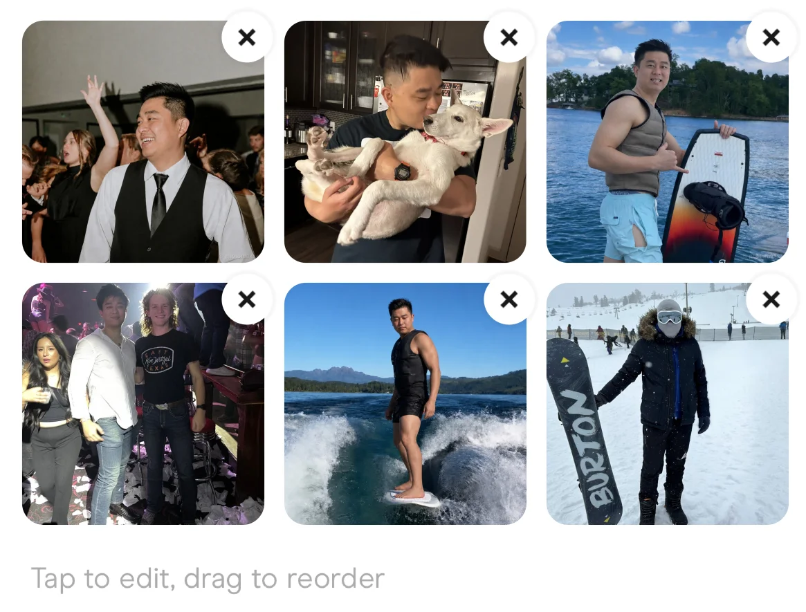 Jason's six photos in Hinge's Edit Profile screen