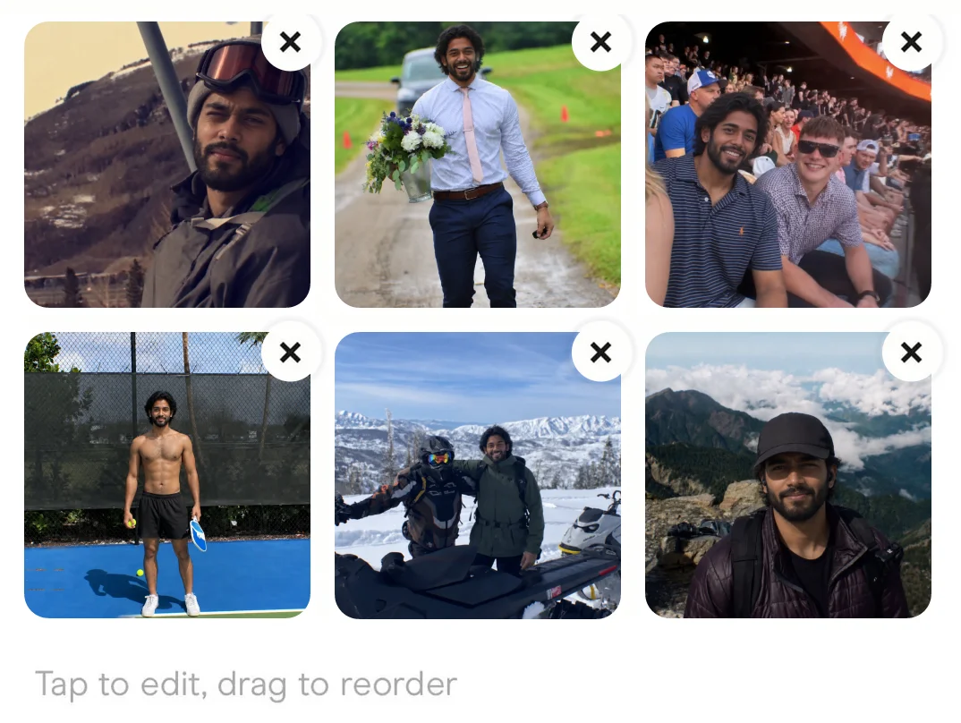 Rohan's six photos in Hinge's Edit Profile screen