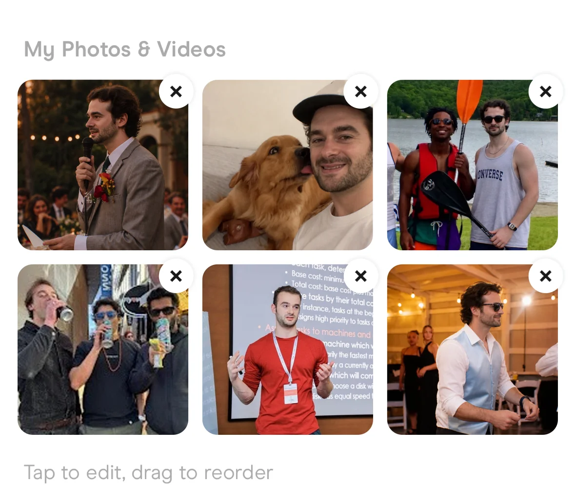 Chris's six photos in Hinge's Edit Profile screen