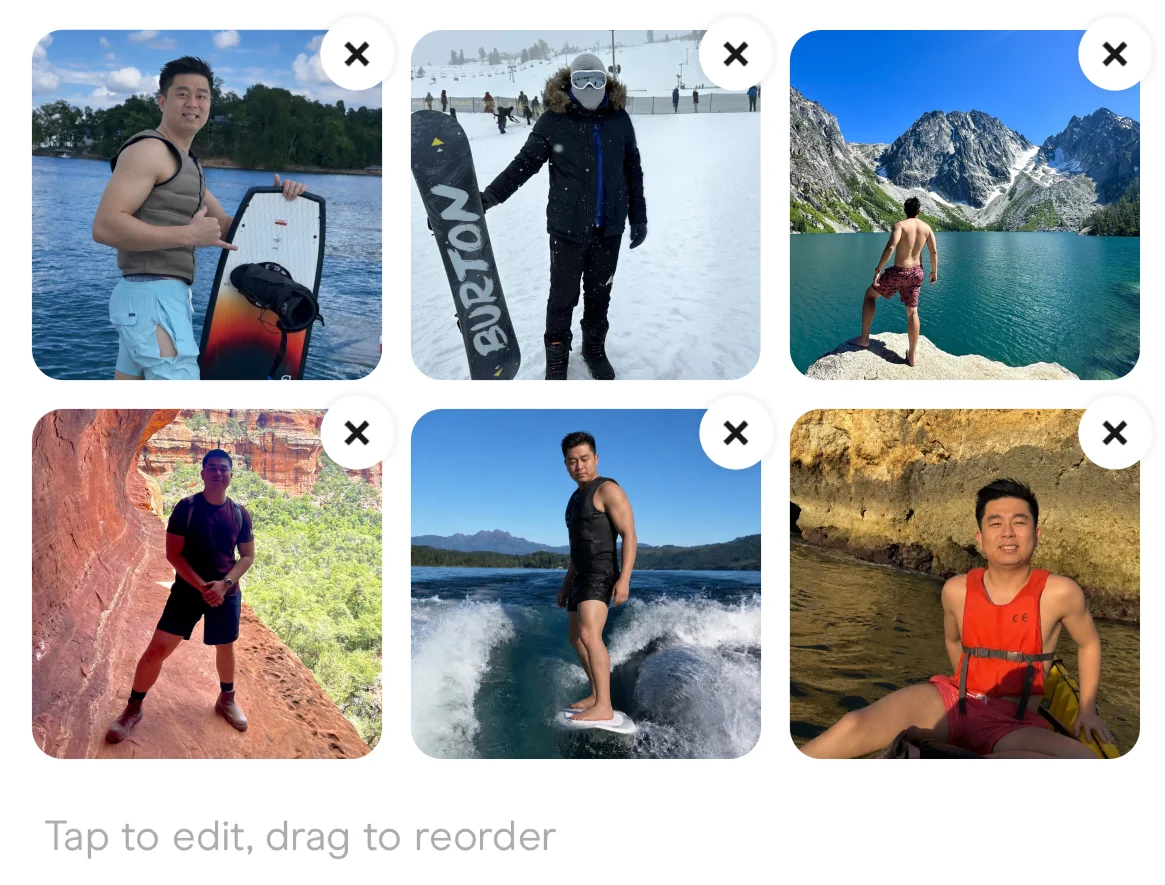 The six photos in Hinge's Edit Profile screen