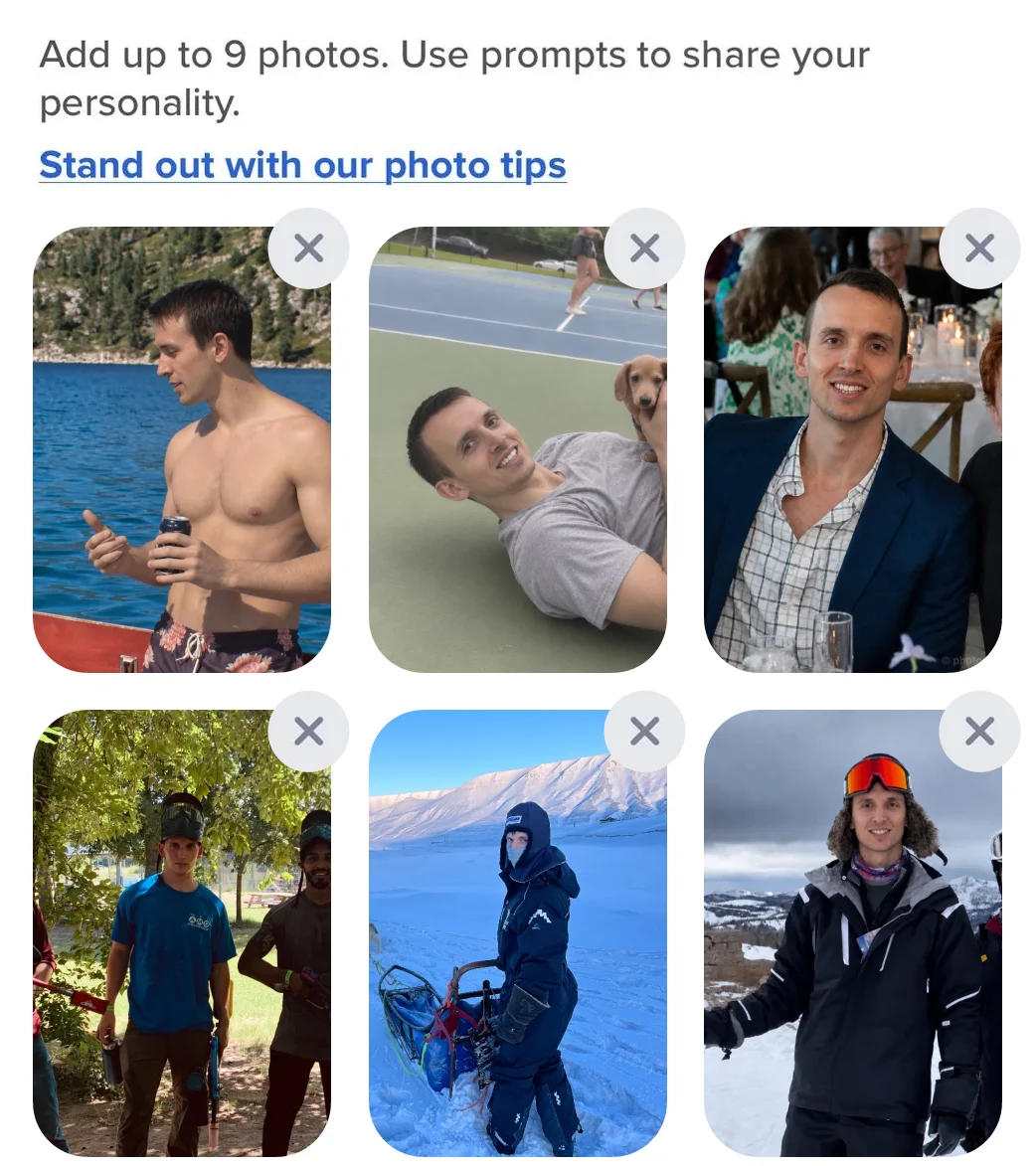 The six photos in Tinder's profile editor