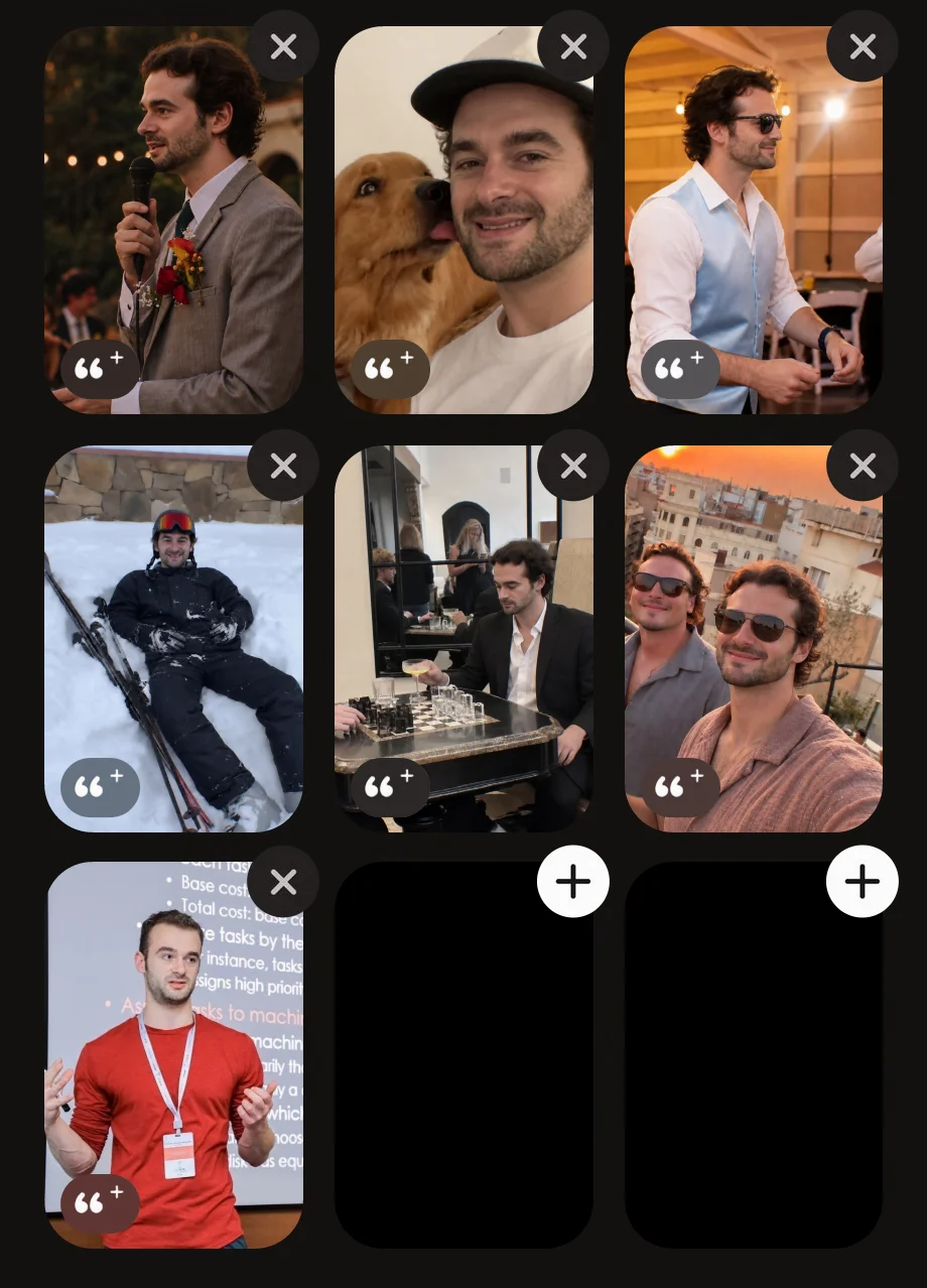 The seven photos in Tinder's profile editor