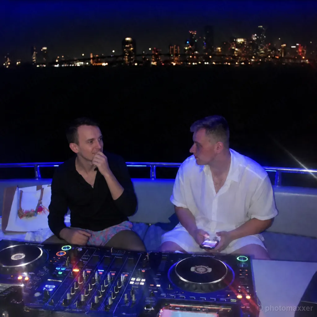 AI-generated example of two men socializing beside DJ equipment on a boat at night.
