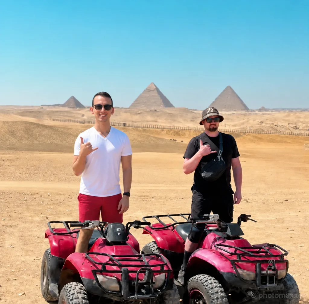 AI-generated example of two men with ATVs in front of the pyramids in Egypt.