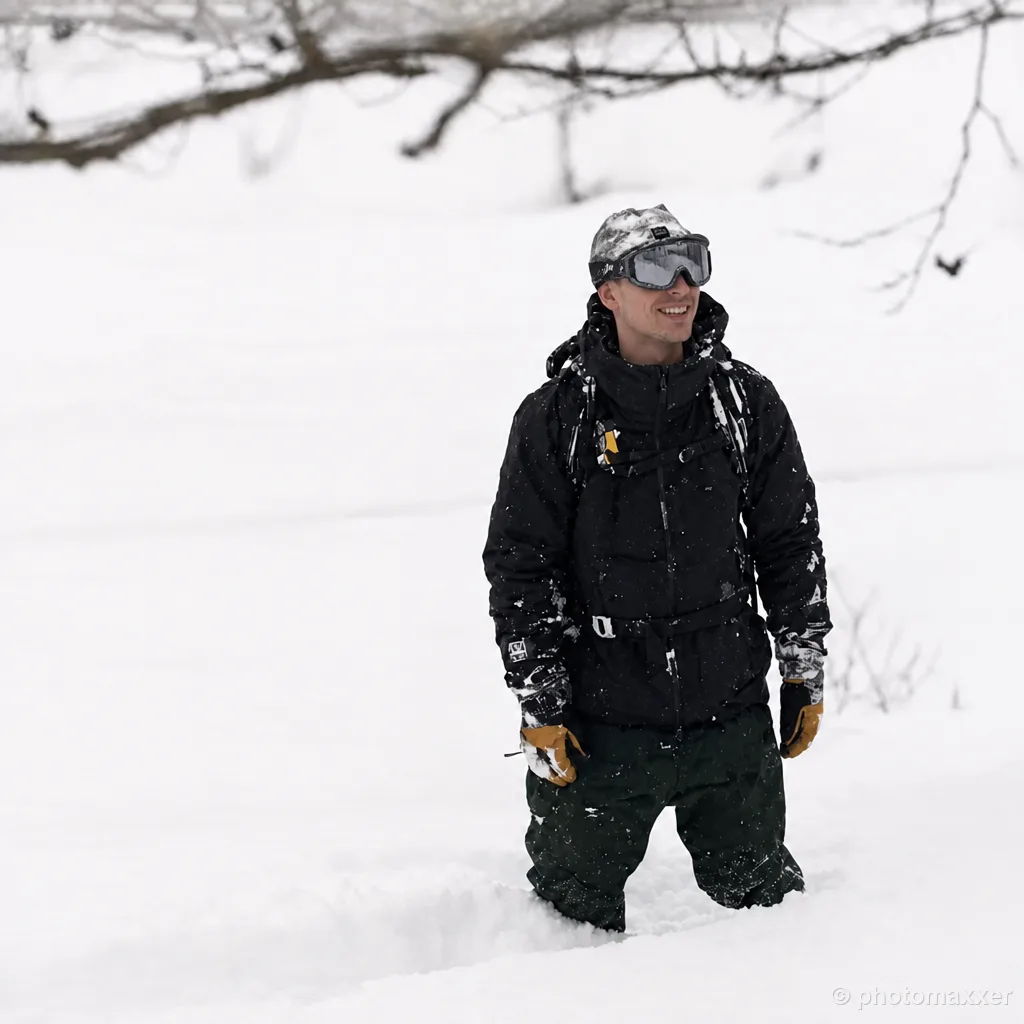 AI-generated example of a man smiling in snow gear on a ski trip.