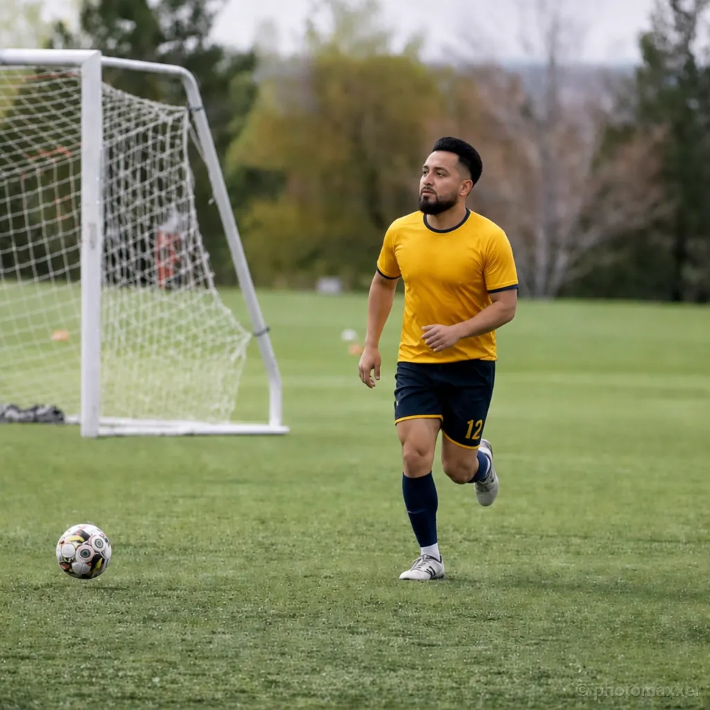 AI-generated example of a man in a yellow soccer jersey playing on a field.